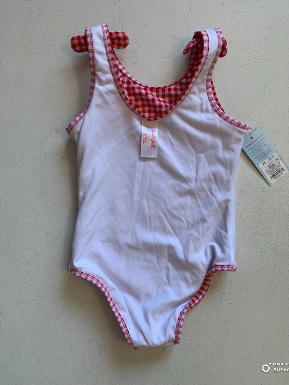 Cat & Jack Girls Red & White Gingham Check One Piece Swimsuit Size 5T NWT